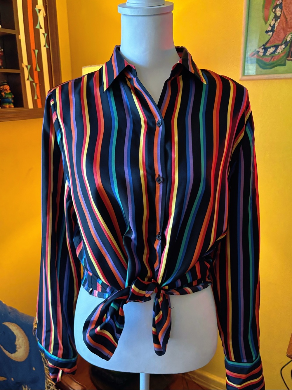 Jones New York silk rainbow menswear inspired blouse